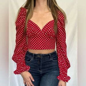 Polka dot long sleeve cropped red and white blouse
